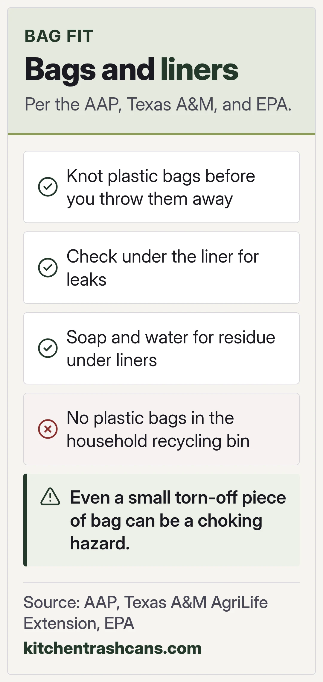 Bags and liners. Per the AAP, Texas A&M, and EPA.