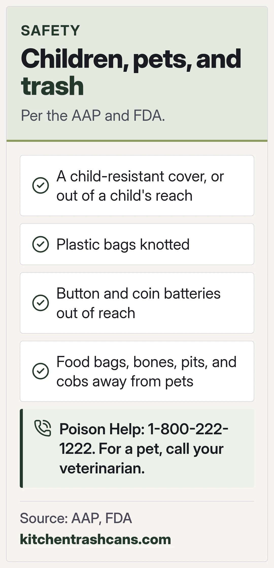 Children, pets, and trash. Per the AAP and FDA.