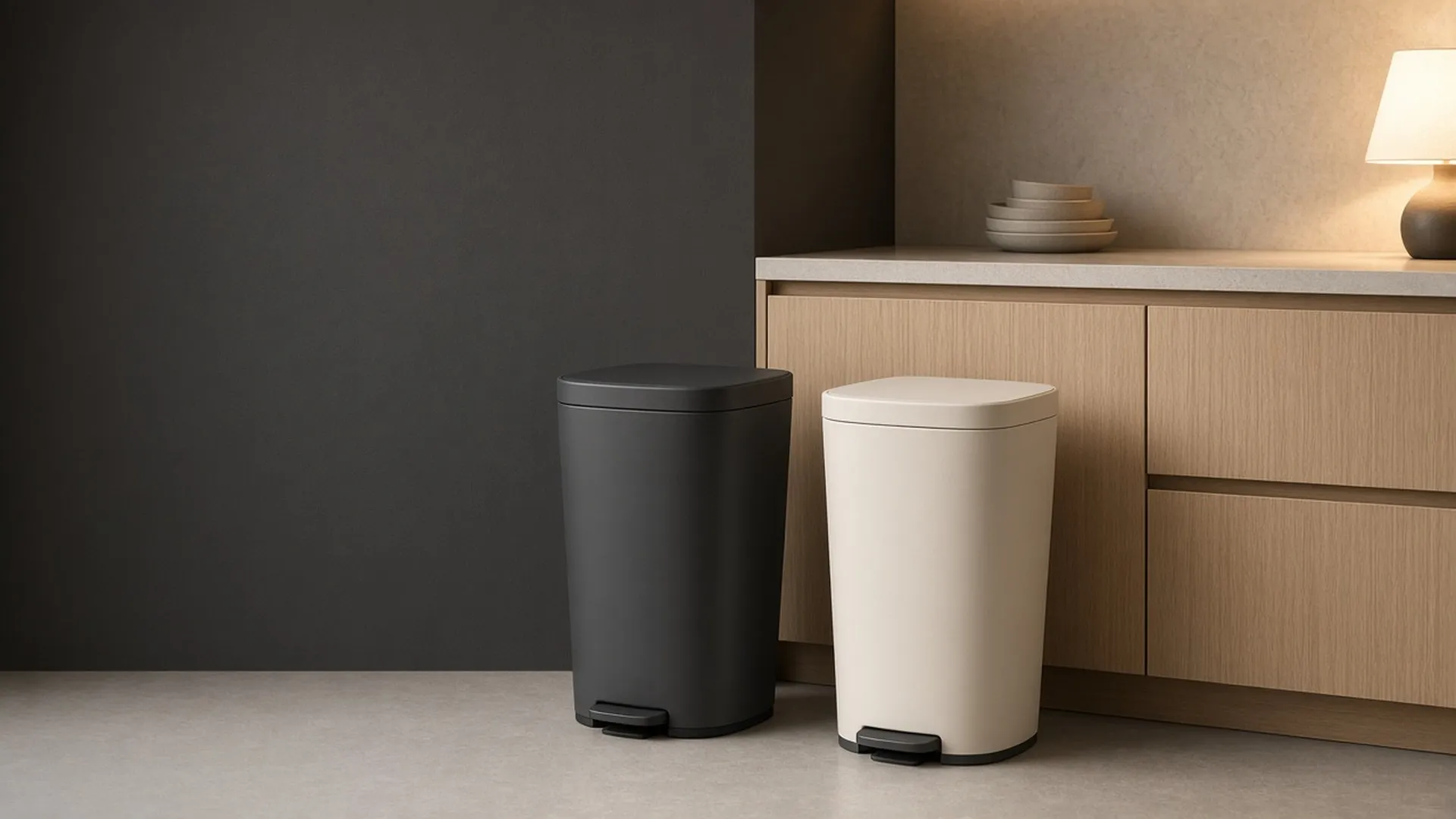 Two trash cans in a tidy kitchen corner