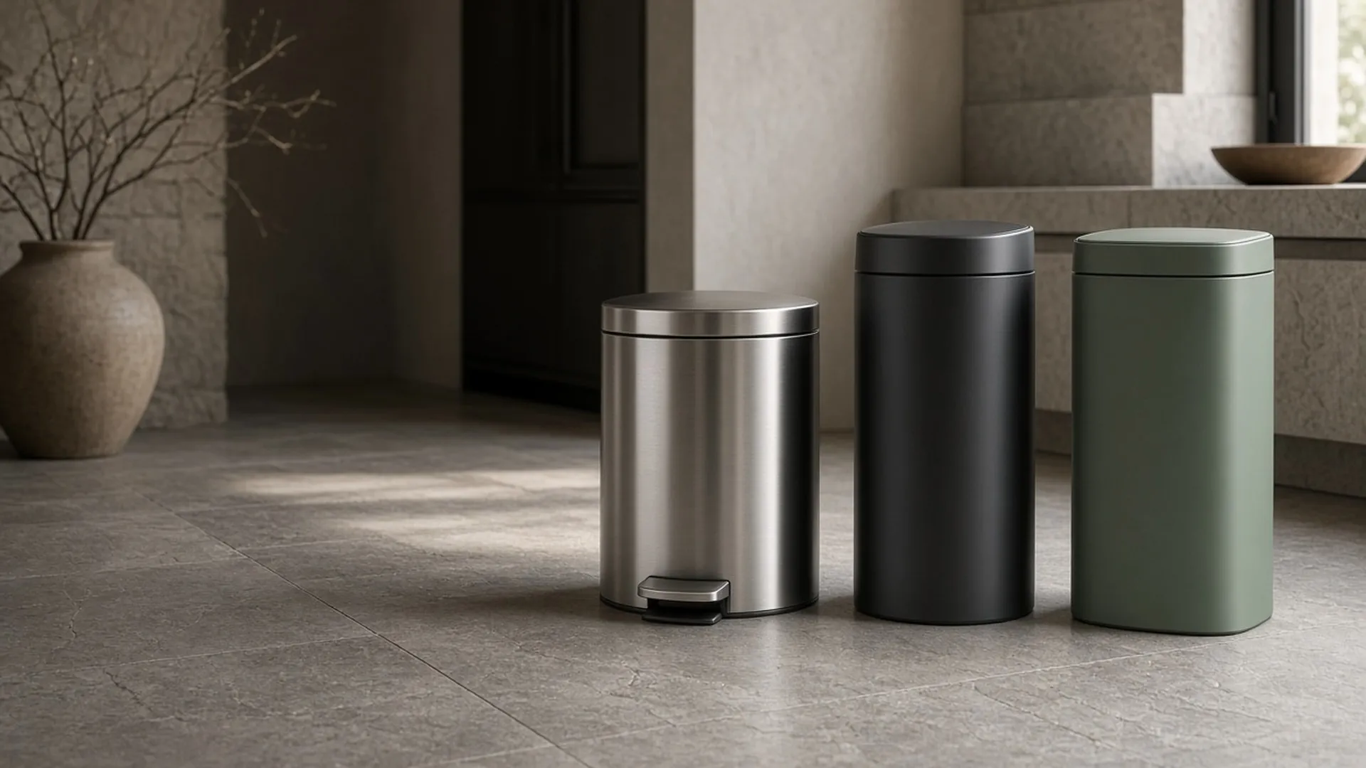 Three kinds of kitchen trash can in a row