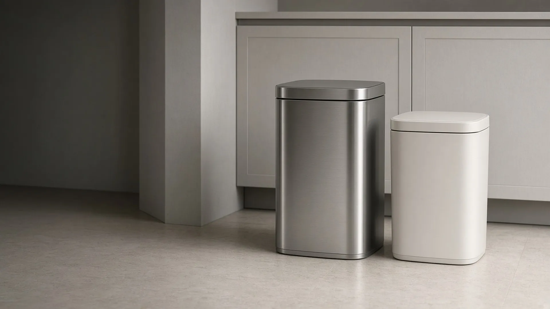 A tall steel can and a small plastic can side by side