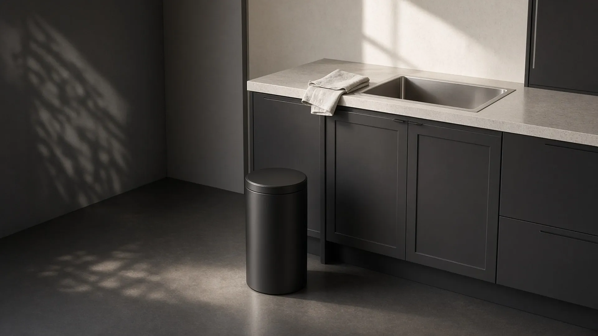 A clean trash can beside a clean, empty sink