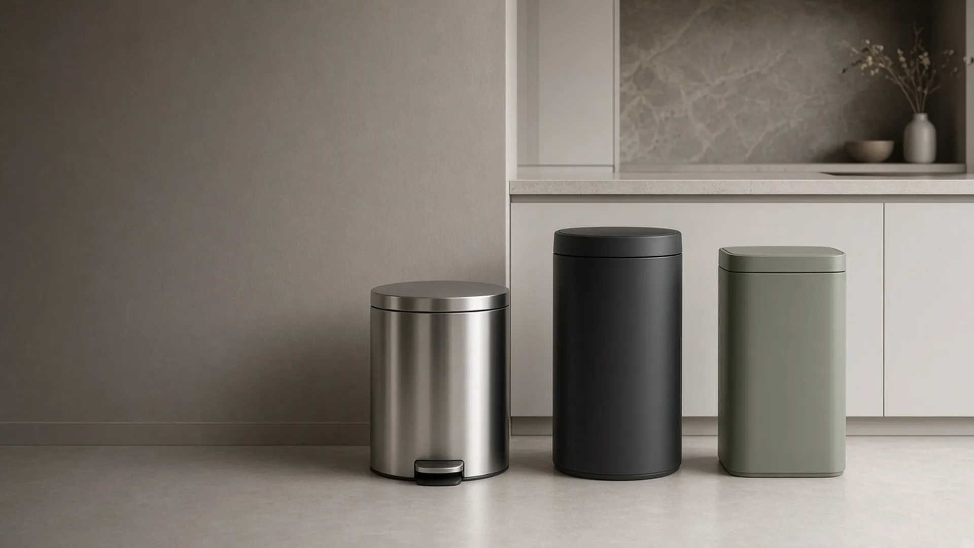 Three styles of kitchen trash can along a kitchen wall