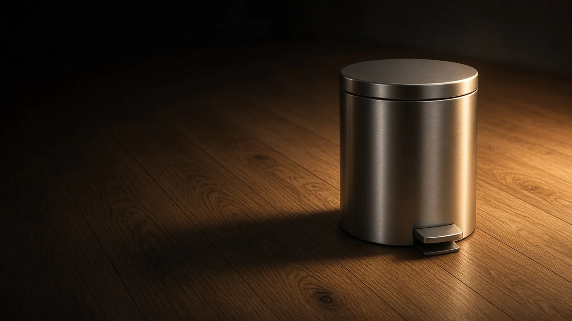 A steel pedal trash can on an oak floor
