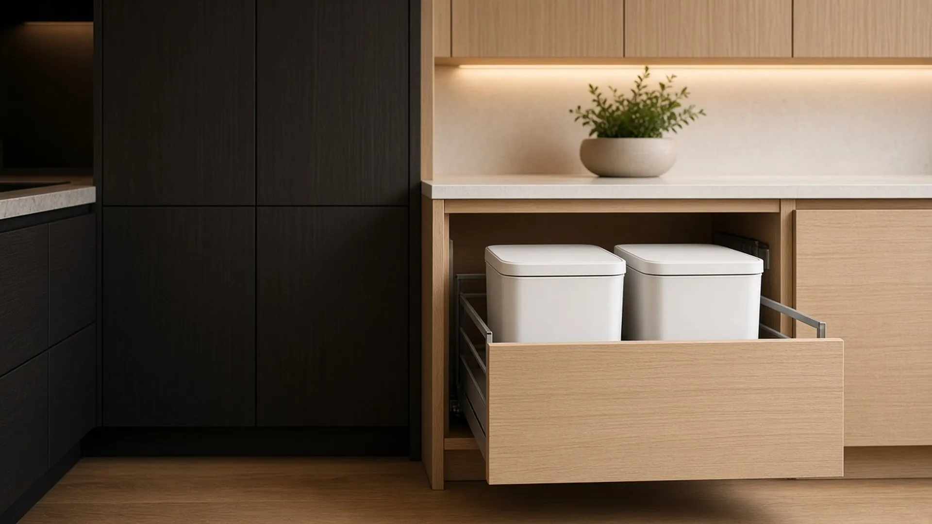 A pull-out drawer holding two bins