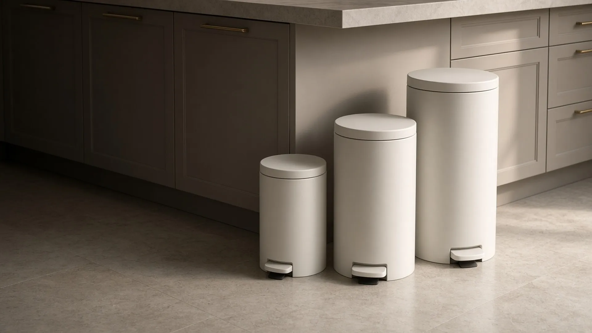 Three trash cans of different heights