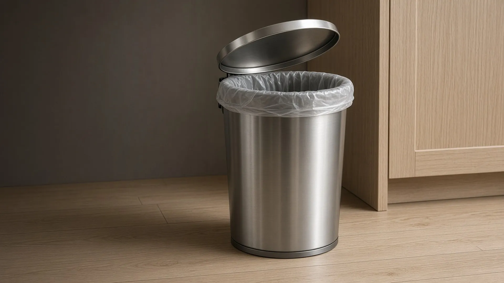 A trash can with a neatly fitted liner