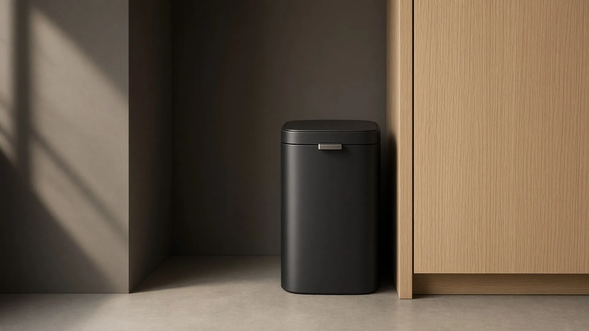 A trash can with a closed, latched lid beside a cabinet