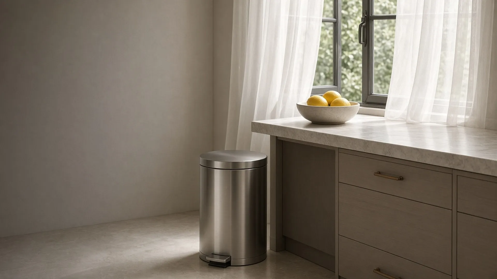 A closed trash can beside an open kitchen window