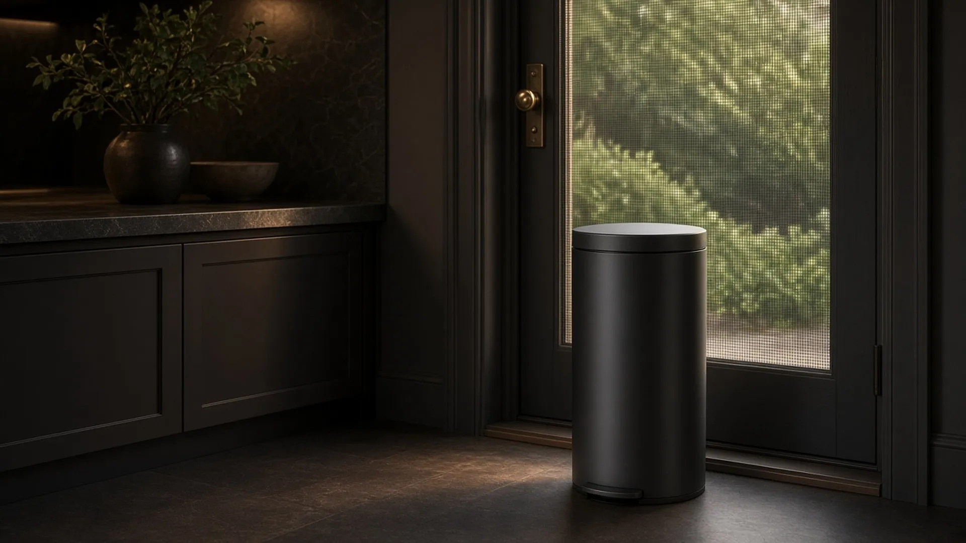 A closed trash can beside a screened kitchen door
