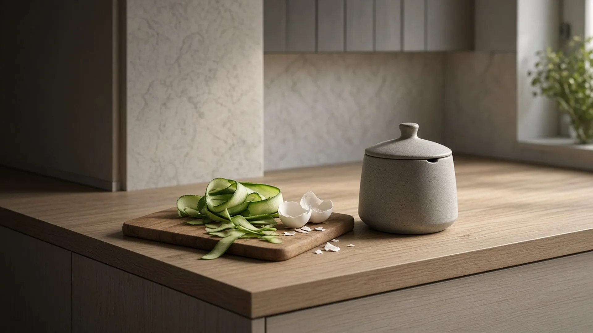 A lidded compost caddy beside vegetable peelings