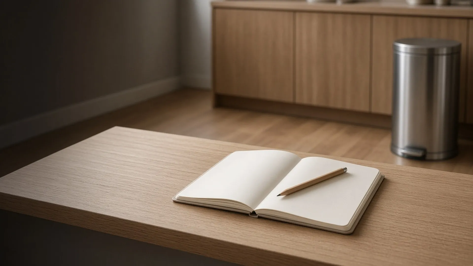 An open notebook on a kitchen counter
