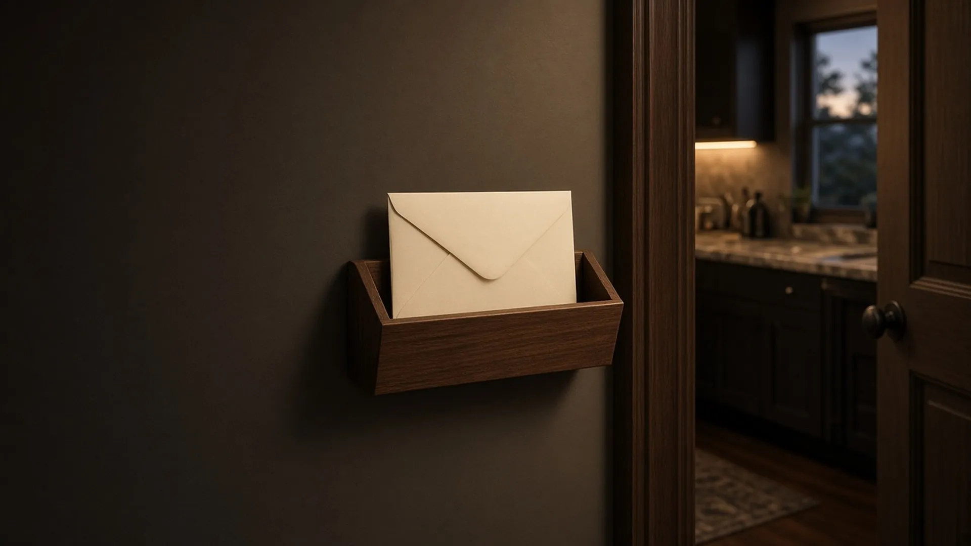 A sealed envelope in a mail tray by a kitchen door