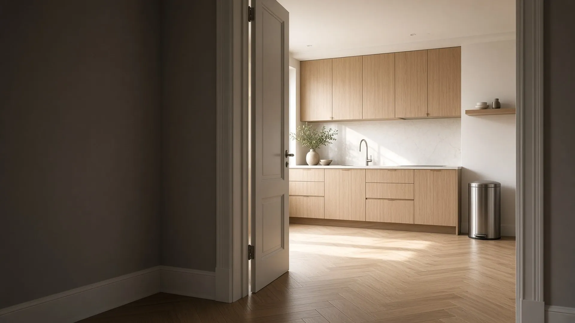 A doorway onto a bright, tidy kitchen
