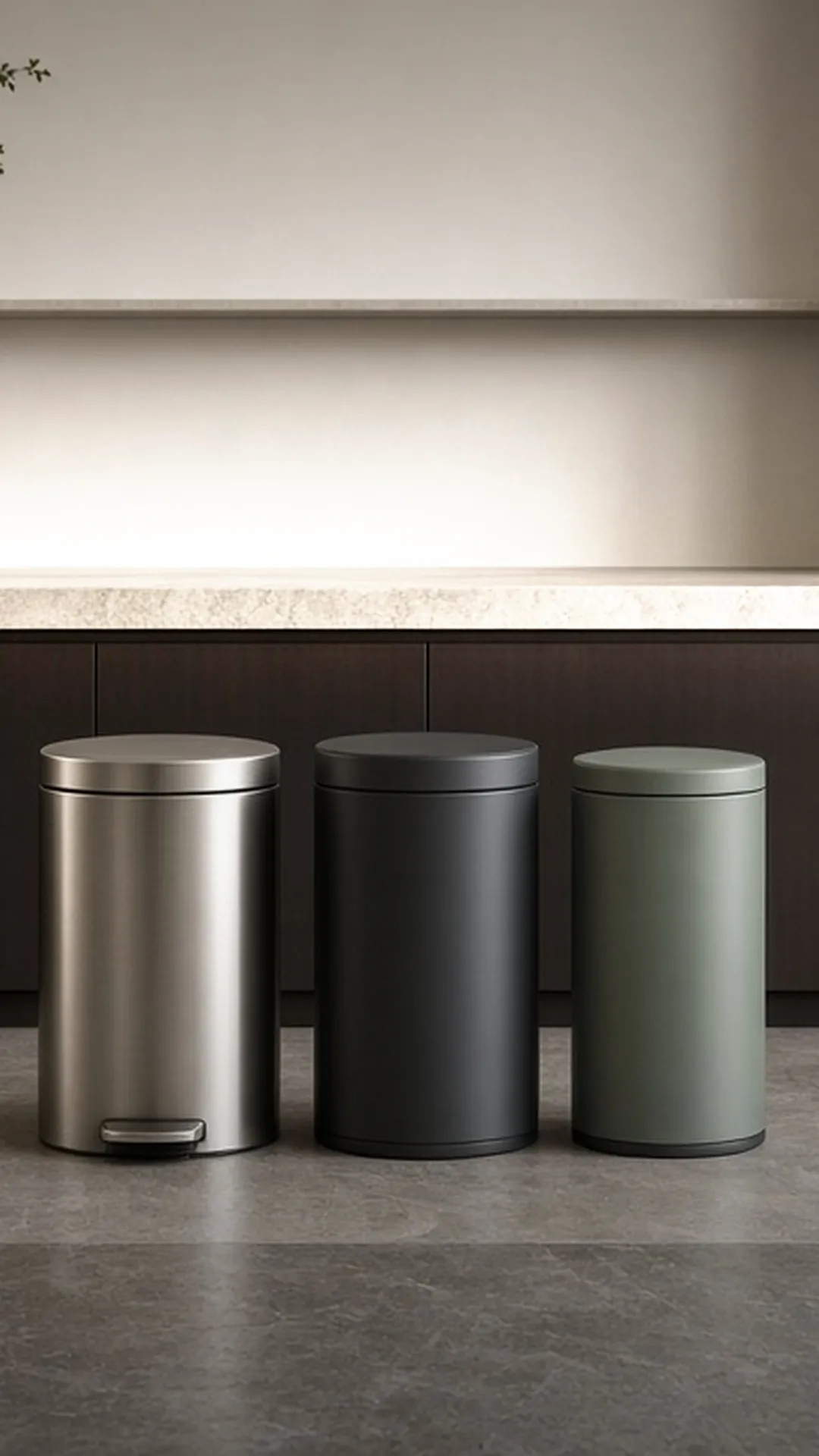 Three styles of kitchen trash can along a kitchen wall