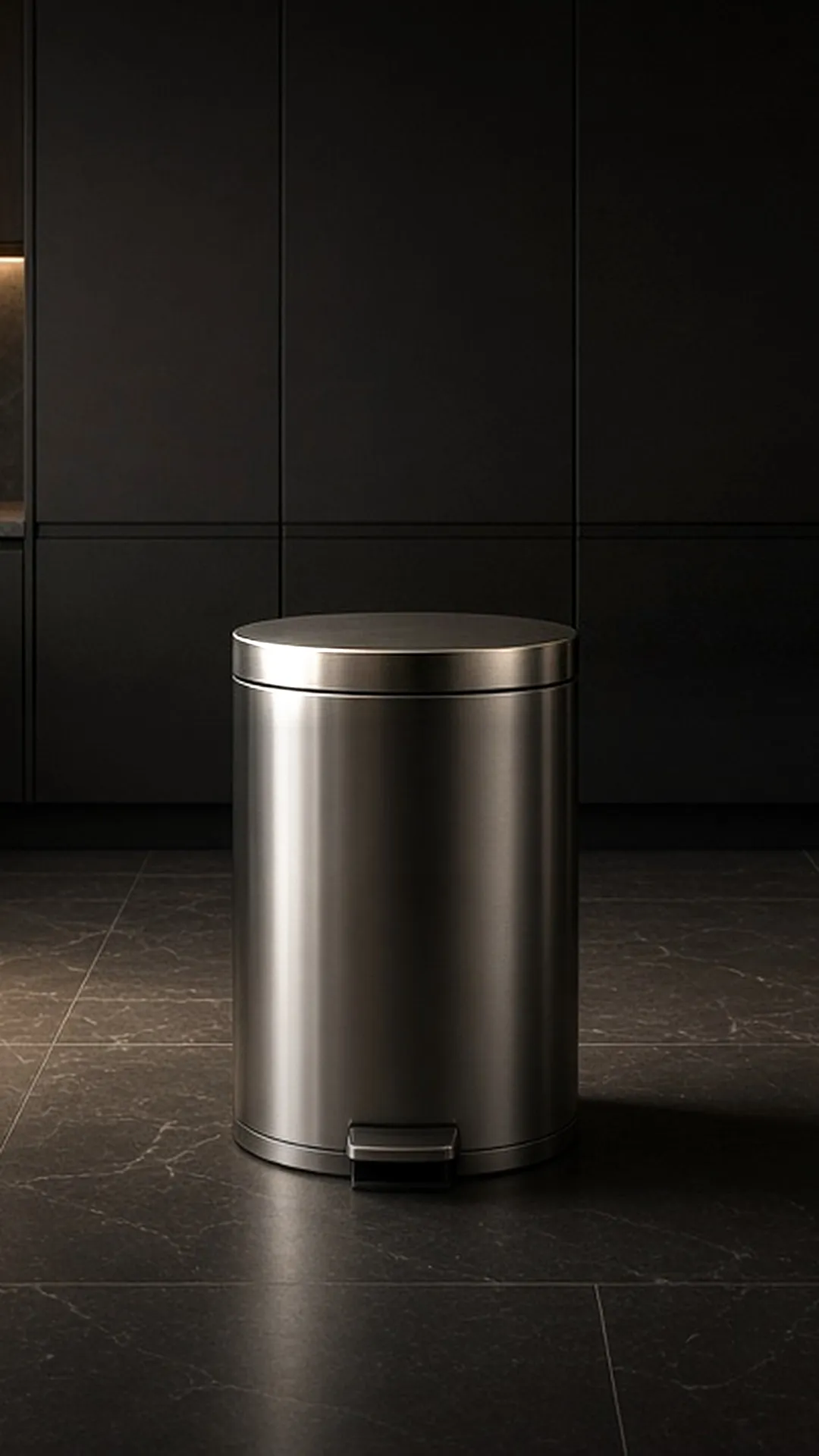 A steel pedal trash can on an oak floor