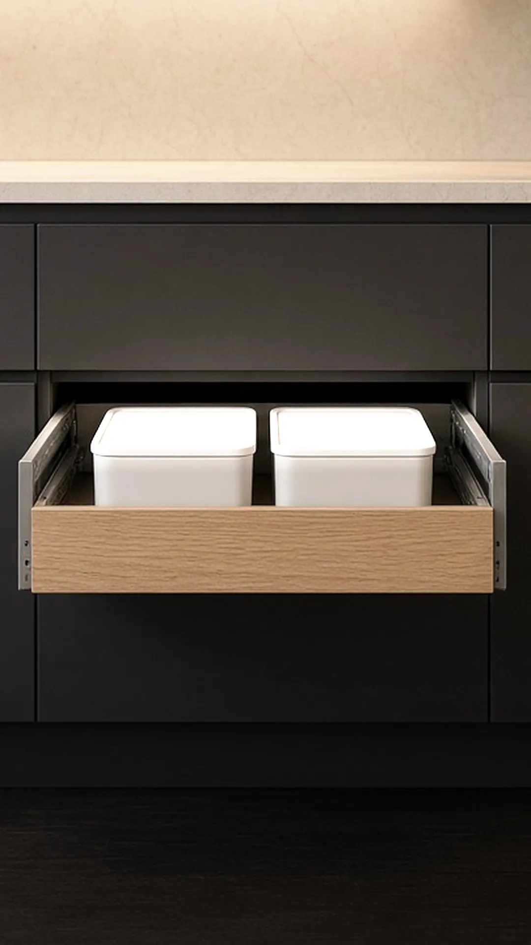 A pull-out drawer holding two bins