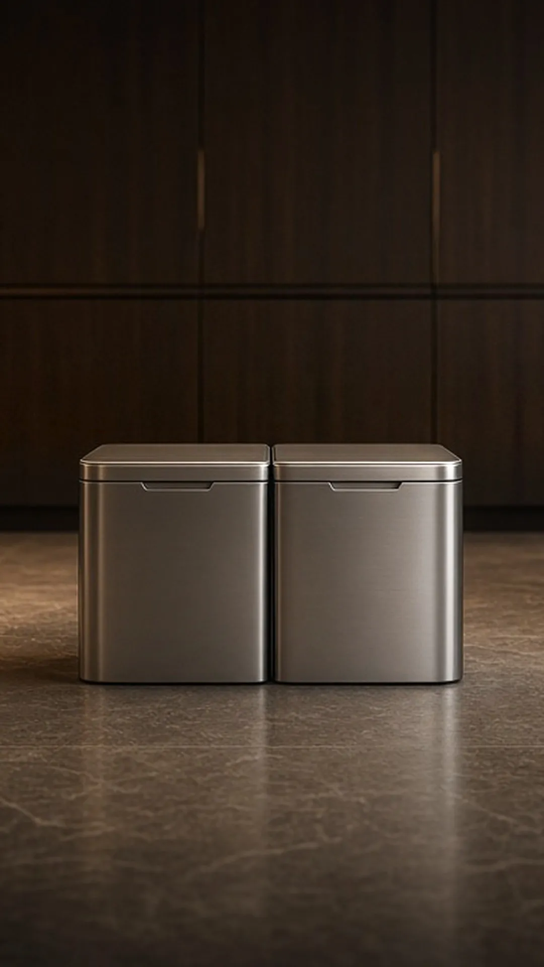 A dual-compartment trash can beside a kitchen island