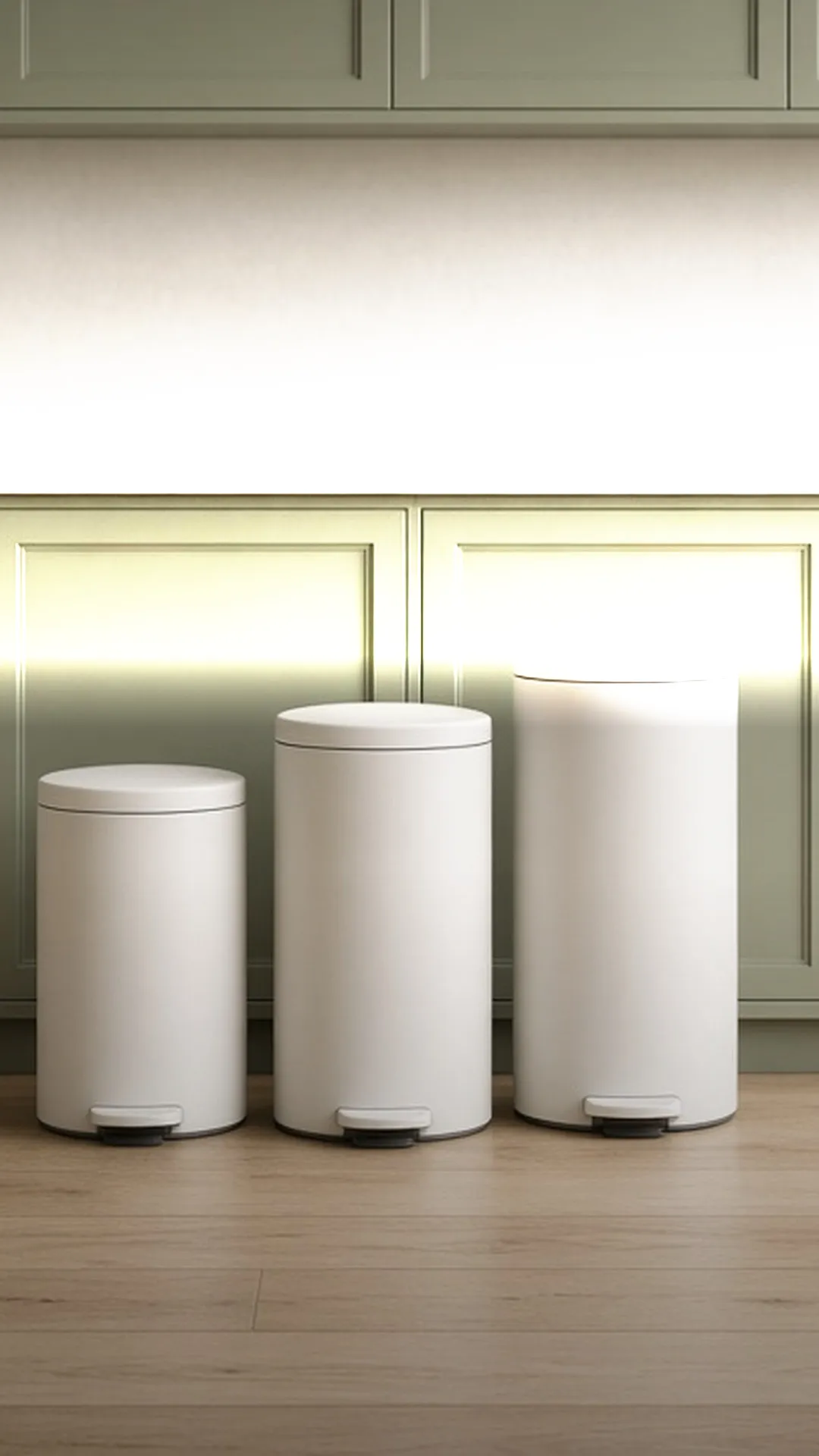 Three trash cans of different heights