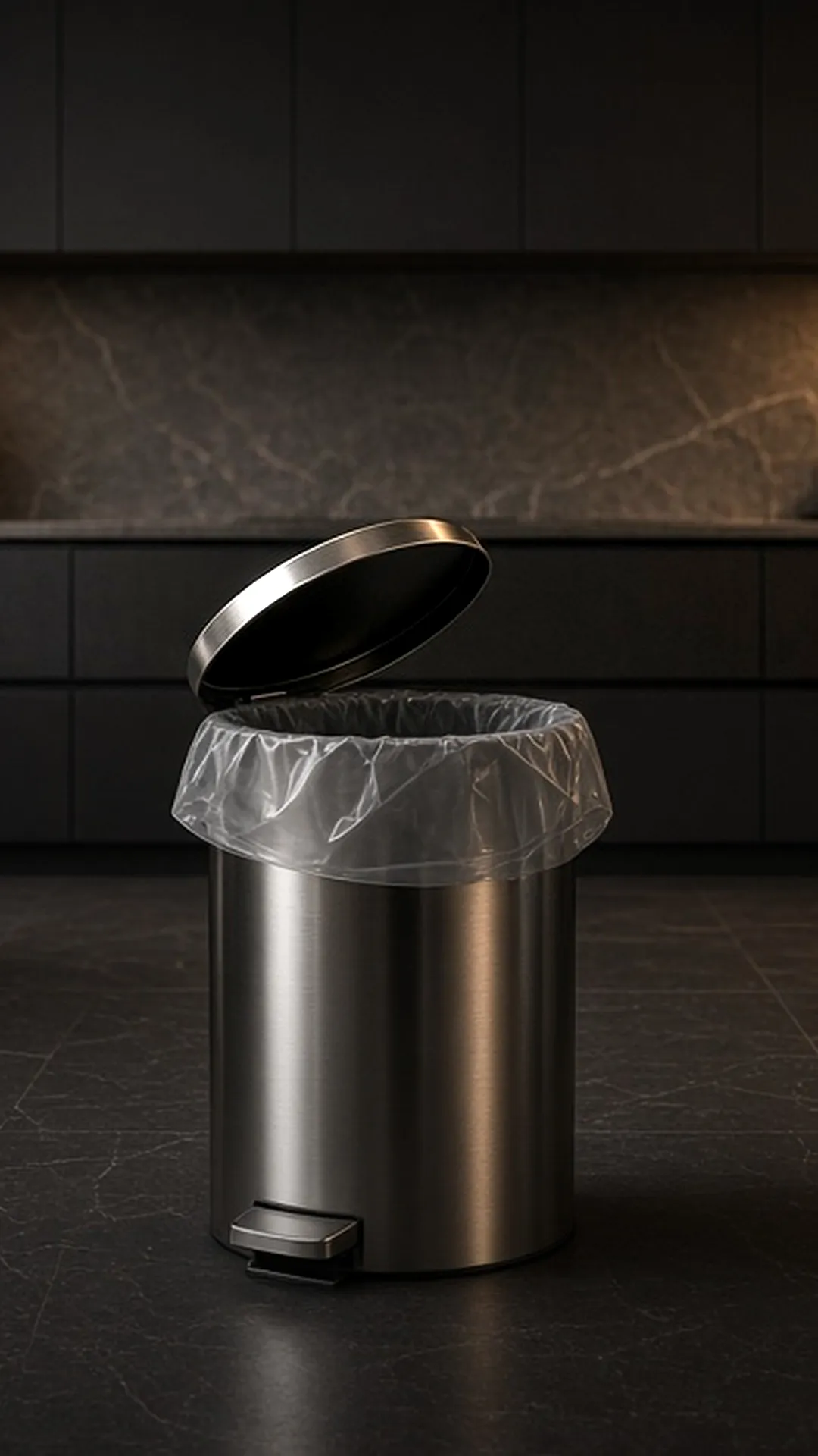 A trash can with a neatly fitted liner