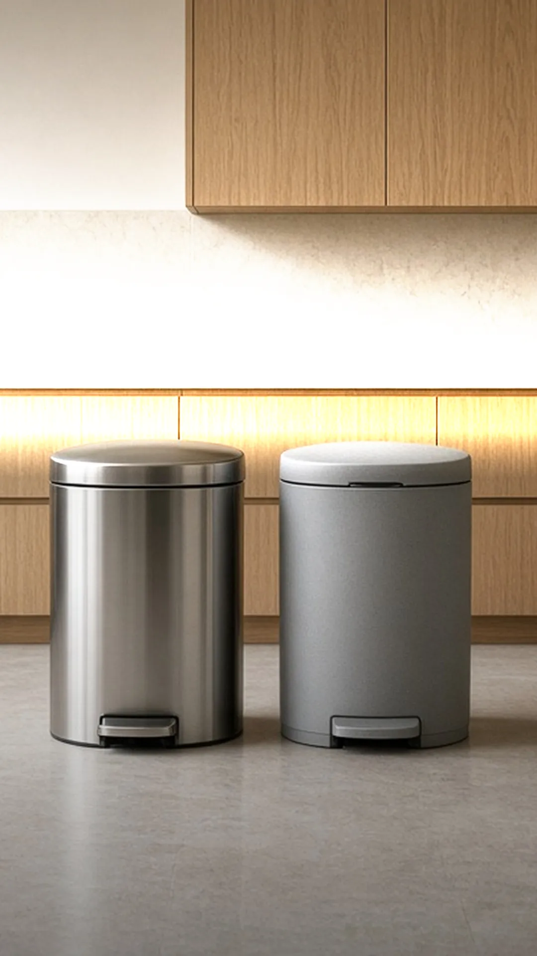 A polished steel step can and a matte gray step can side by side in a kitchen
