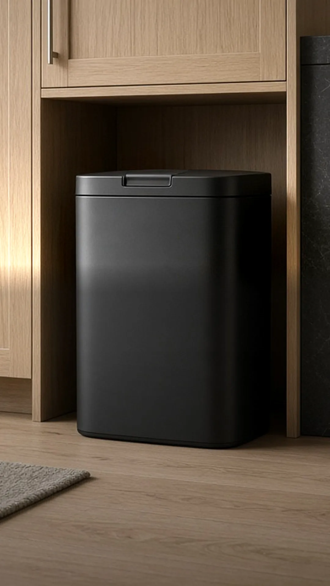 A trash can with a closed, latched lid beside a cabinet