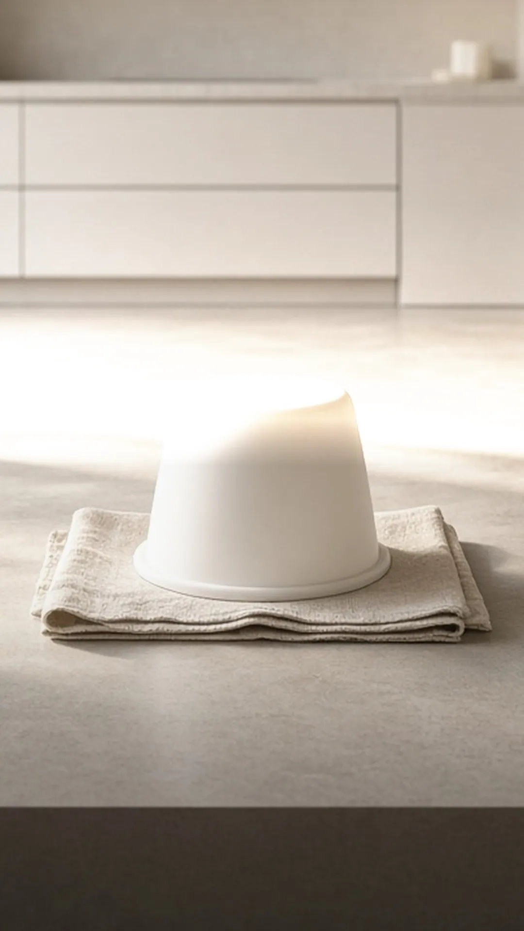A white inner bucket upside down on a folded linen towel on a stone floor