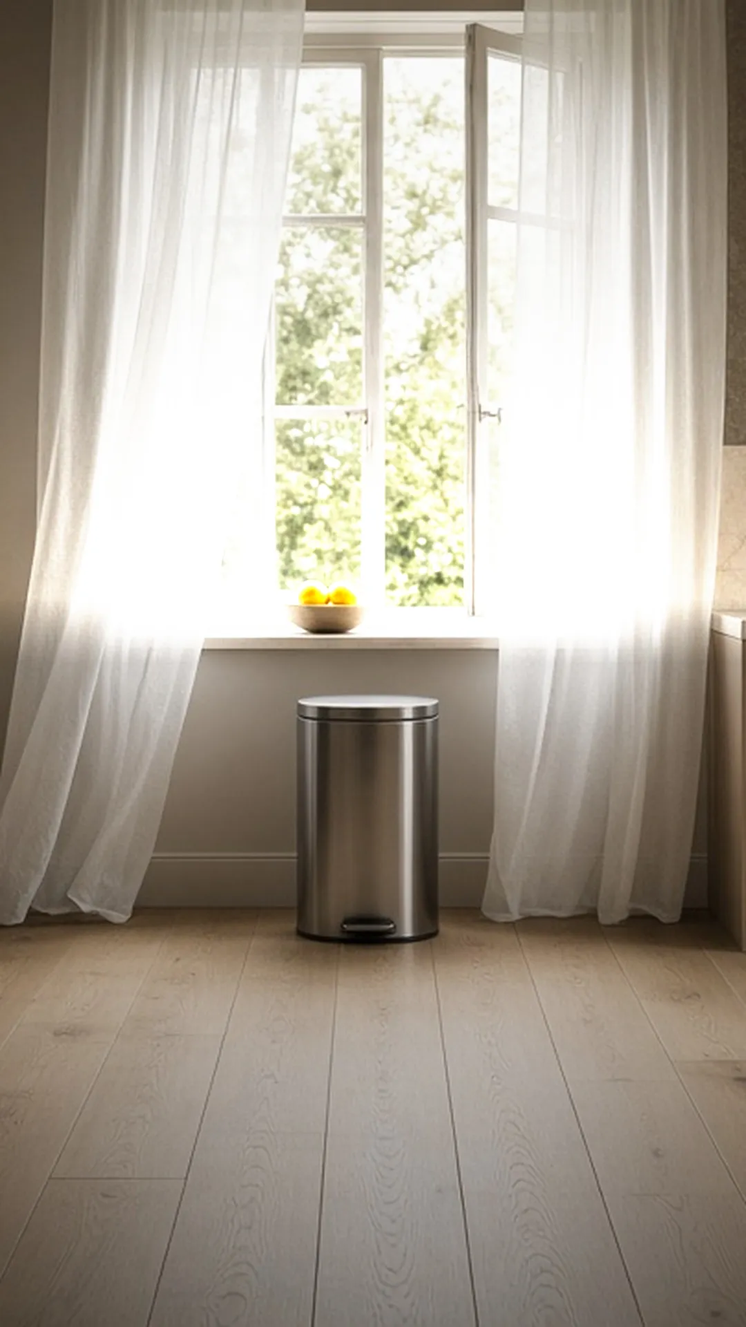 A closed trash can beside an open kitchen window
