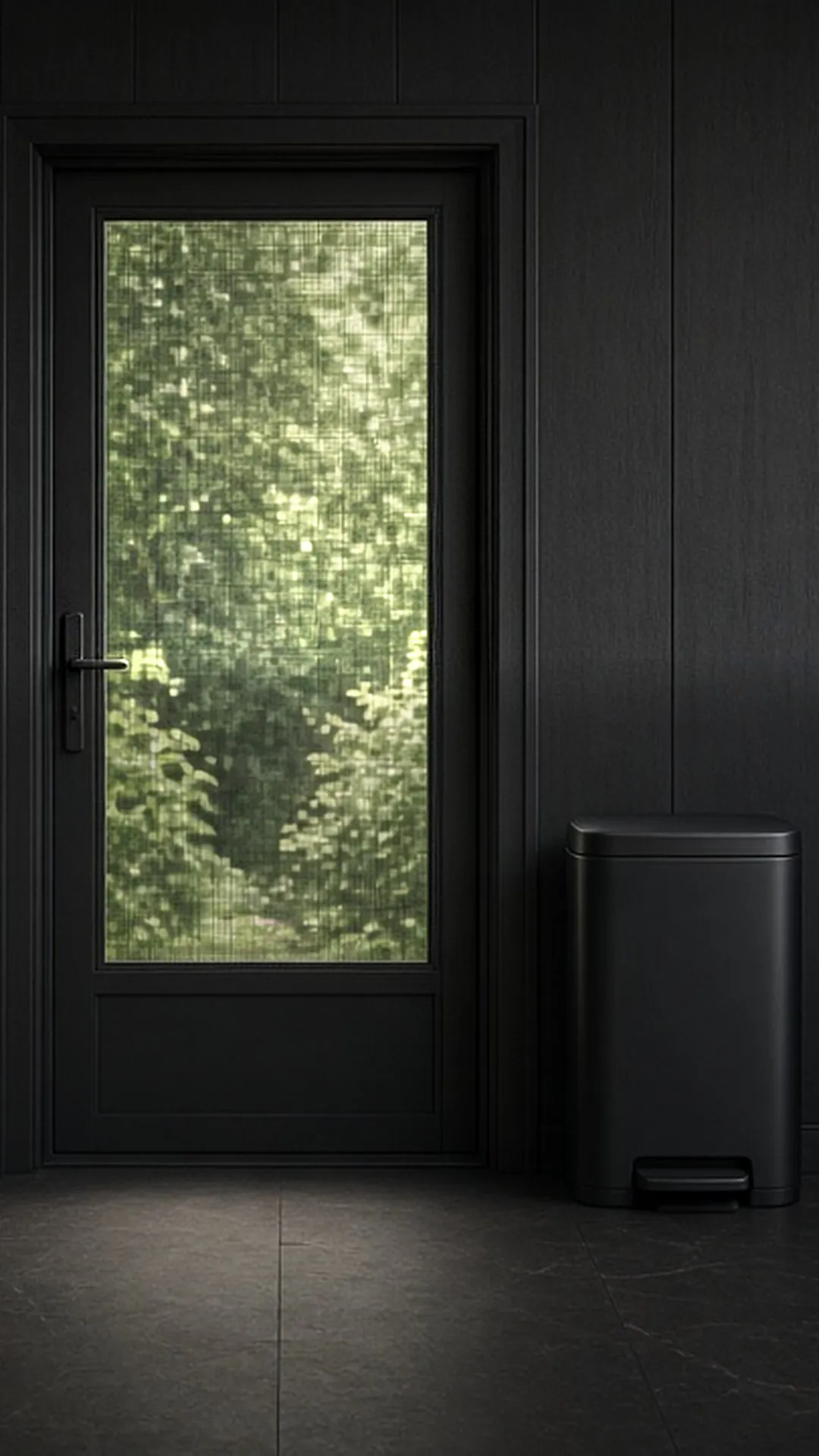 A closed black step can beside a dark door with a mesh screen panel