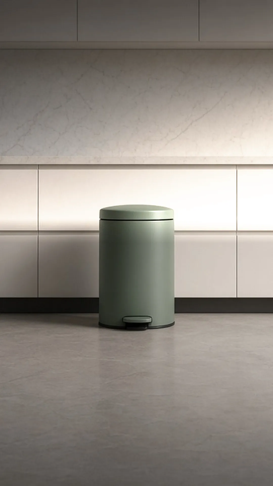 A closed trash can in a clean, uncluttered kitchen