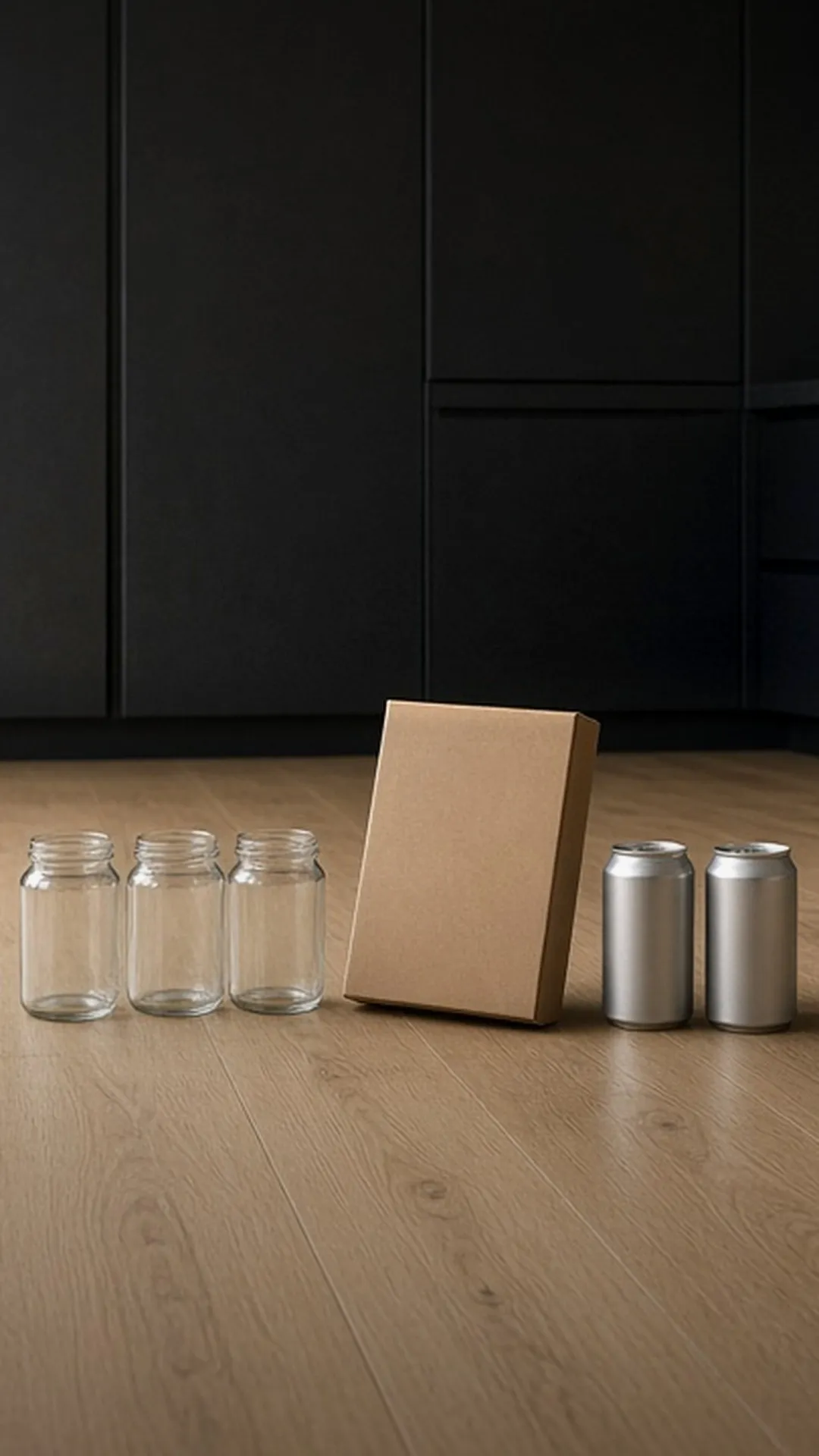 Three empty glass jars, a flat cardboard box, and two metal cans on a wood floor