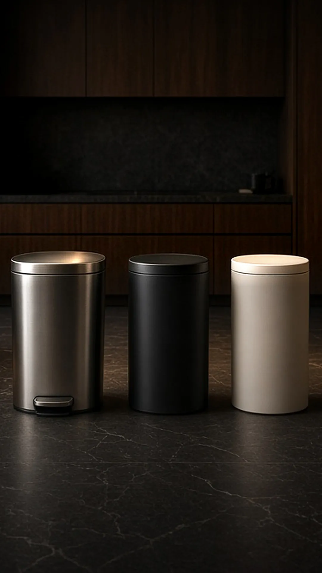 Three kinds of kitchen trash can in a row