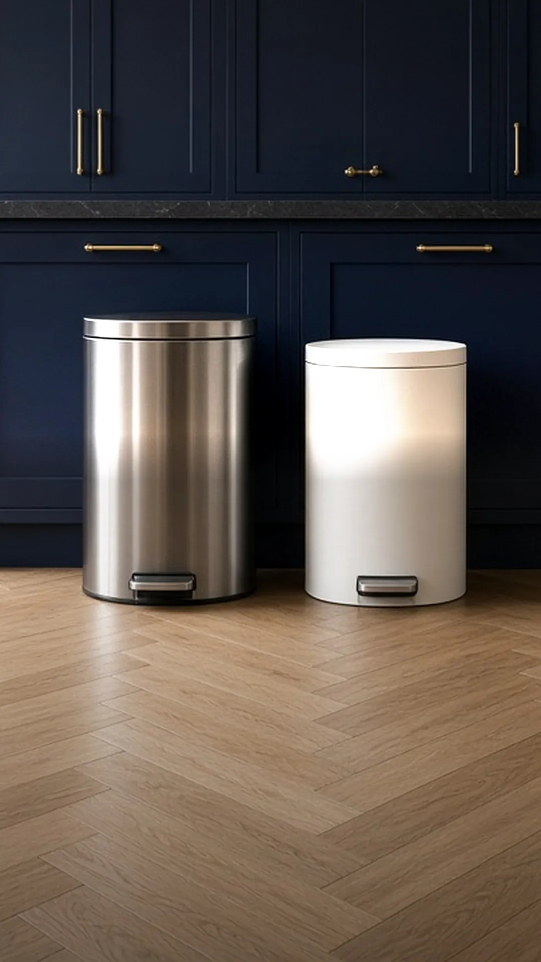 A steel step can and a white step can of similar size on a herringbone floor