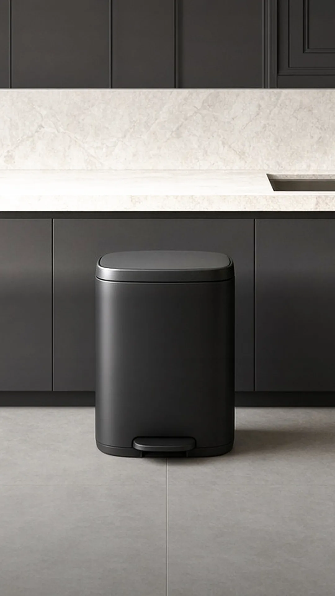 A closed black step can on a pale tile floor below a stone counter