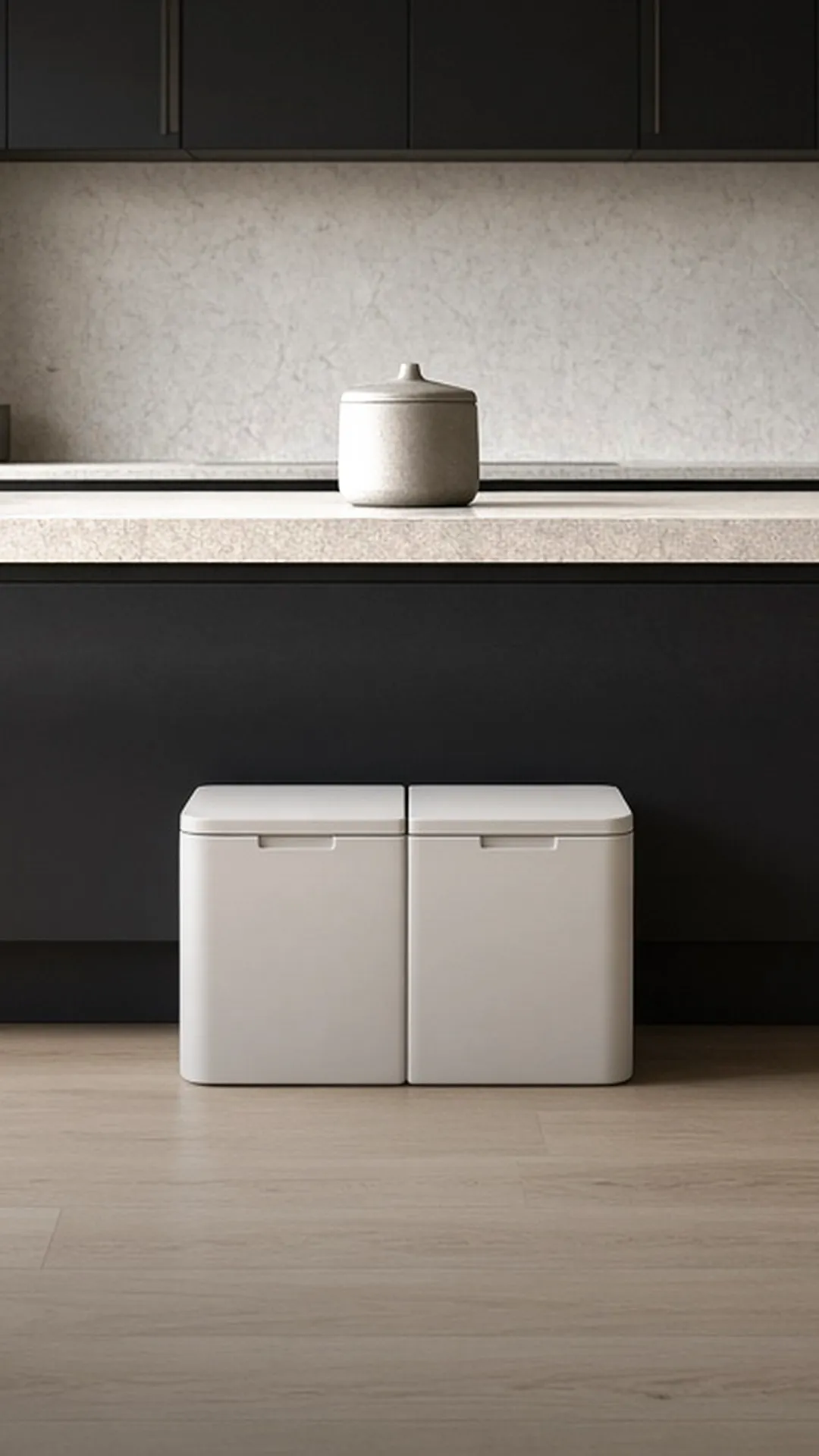 A dual can and a lidded scrap caddy in a bright kitchen