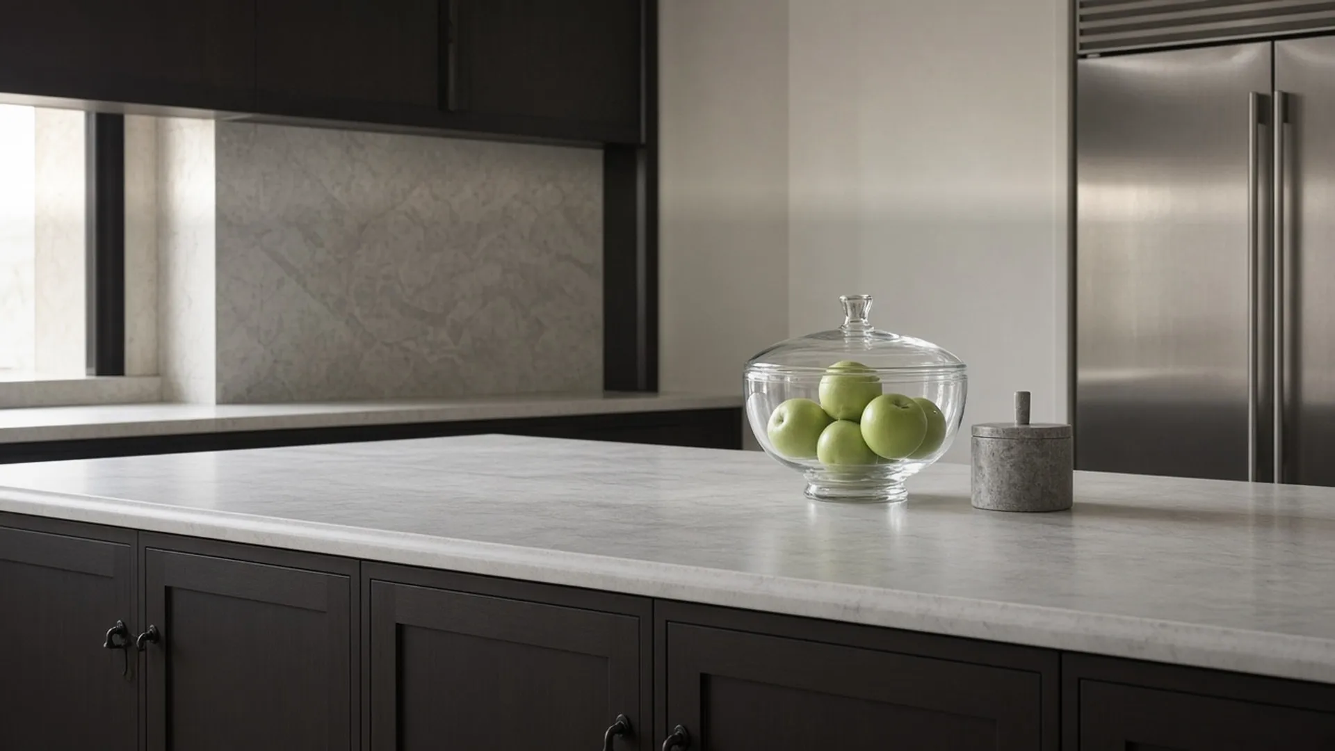 A covered fruit bowl and closed scrap caddy on a counter